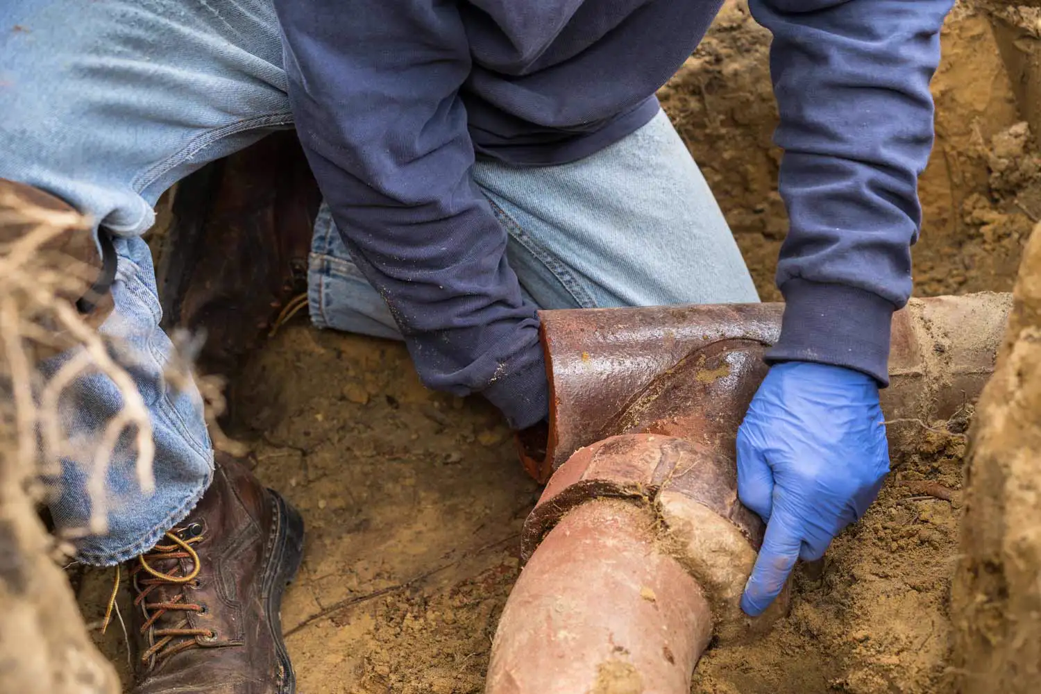 Sewer line replacement with gloves